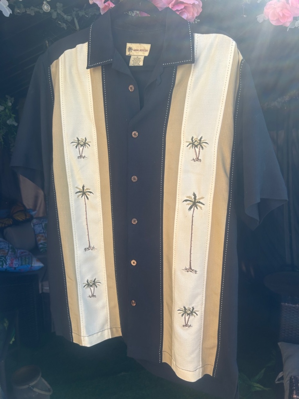 Tropical Palm Embroidered Cuban Shirt - Black & Cream